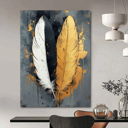 Contemporary abstract art featuring two feathers one white one black with gold accents on a textured grey canvas perfect for modern decor. DLZ1716