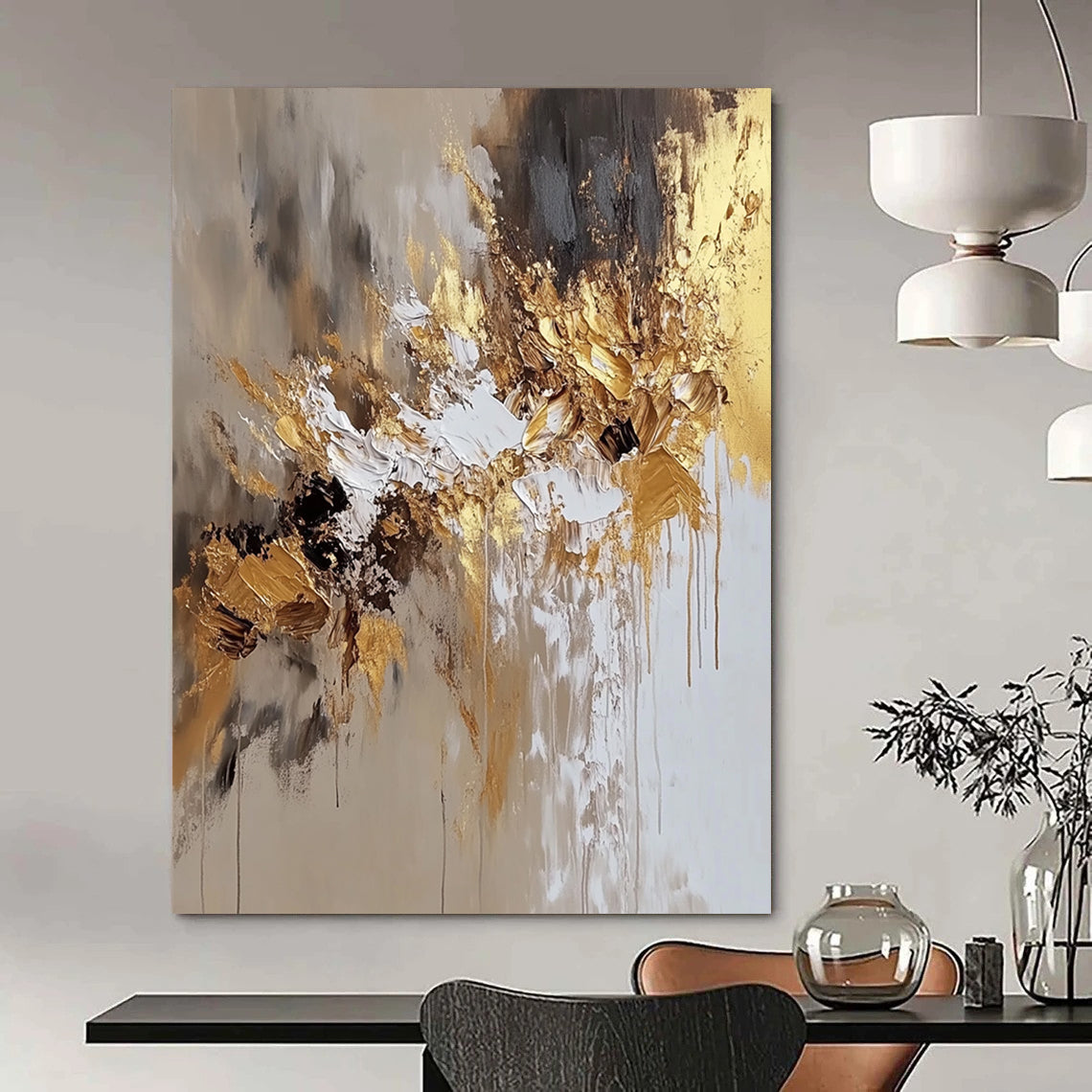Contemporary hand-painted abstract art featuring beige and white hues with golden accents, perfect for modern aesthetic spaces. DLZ0729