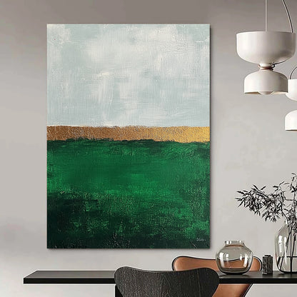 Contemporary abstract art featuring impasto technique with thick strokes, showcasing an emerald green field and muted sky in a minimalist aesthetic. DLZ1351