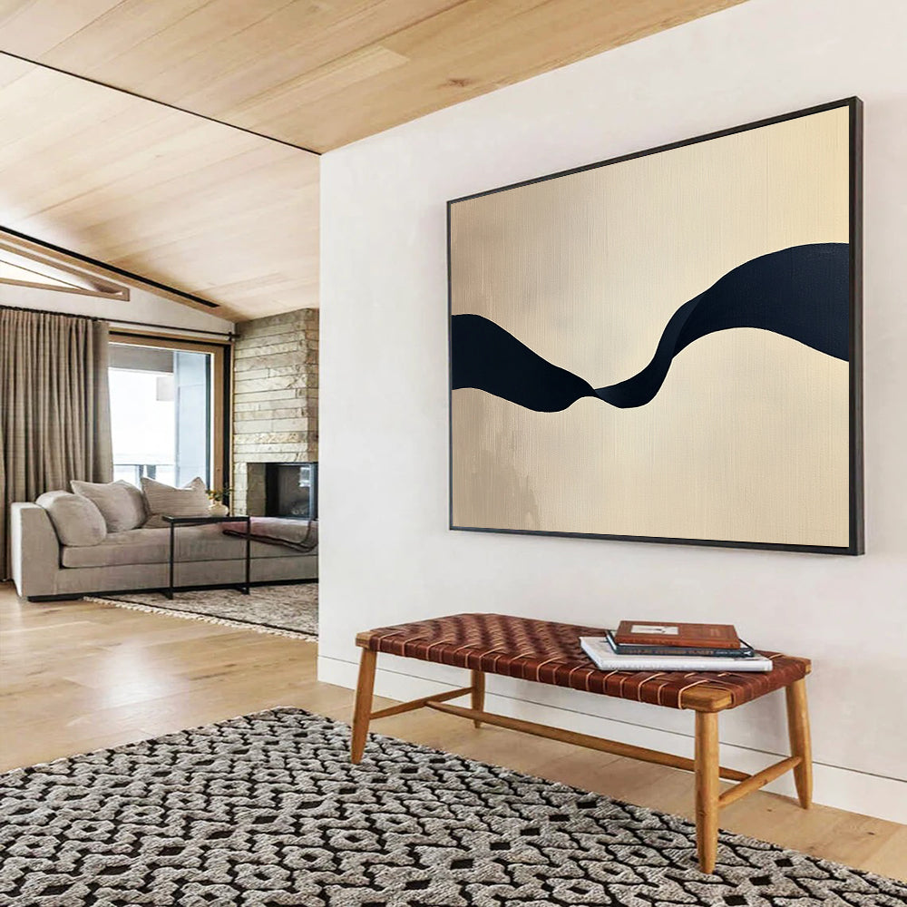 “Black Ribbon on Beige” - Black, Beige, Curved Ribbon Shape - Minimalist Acrylic Painting HB1666