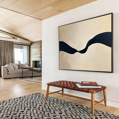 “Black Ribbon on Beige” - Black, Beige, Curved Ribbon Shape - Minimalist Acrylic Painting HB1666