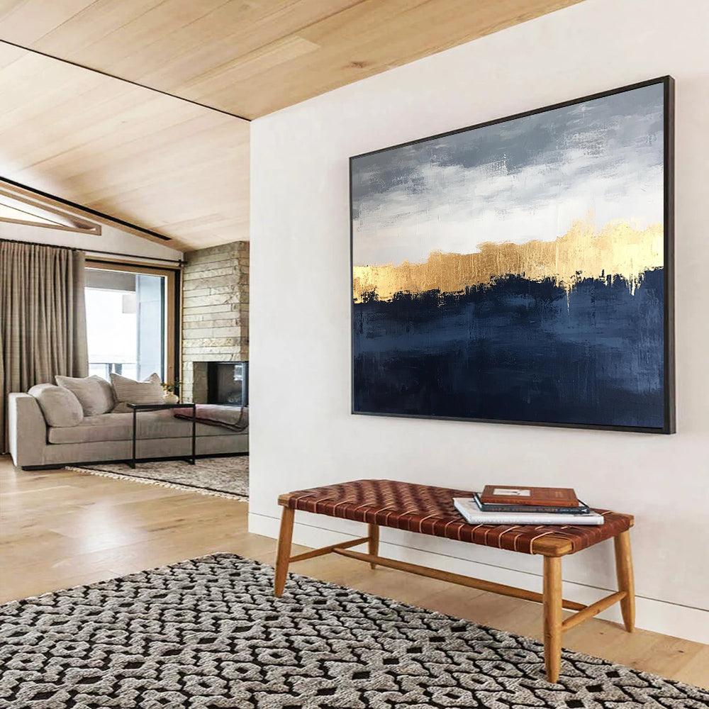 “Gold Horizon Over Blue - Gray Landscape” - Gold, Blue, Gray, Horizon Line Painting On Canvas HB0817