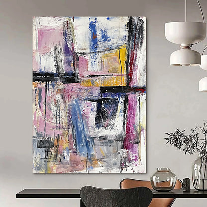 Contemporary hand-painted abstract artwork featuring an expressive urban landscape with bold brushstrokes and a pastel palette creating rich textures. DLZ0967
