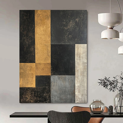 Black, Gold, Gray with Interlocking Squares "Modern Mosaic" Abstract Painting On Canvas HB003