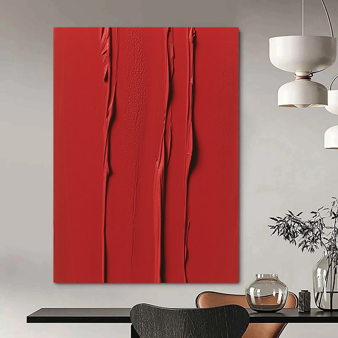 Contemporary abstract painting featuring vibrant red vertical strokes and textured layers evoking energy and passion in a minimalist symmetrical design. DLZ1694