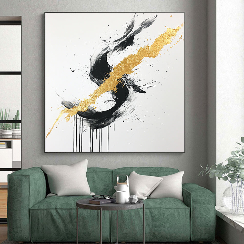 Black, White, Gold, Gray, Intertwined Strokes "Gilded Fusion" Abstract Expressionist Painting On Canvas HB099