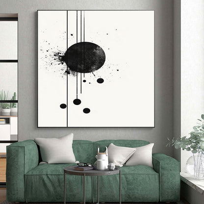 Black Circle with Splatter & Lines - “Elegant Ink Fusion” Painting On Canvas HB238