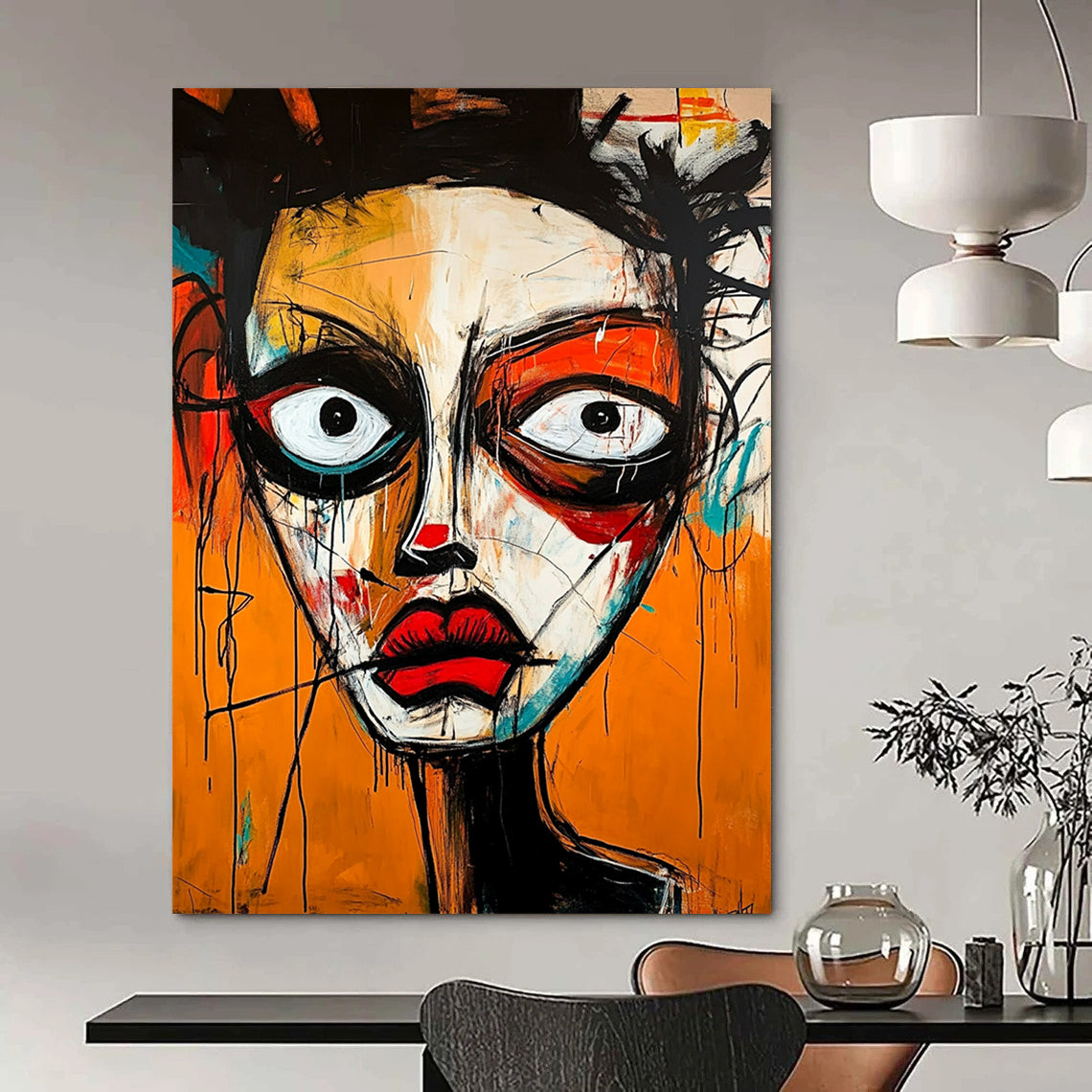 Contemporary hand-painted abstract artwork showcasing a vibrant face with strong emotions using dynamic shapes and expressive brush strokes in Basquiat style. DLZ1647