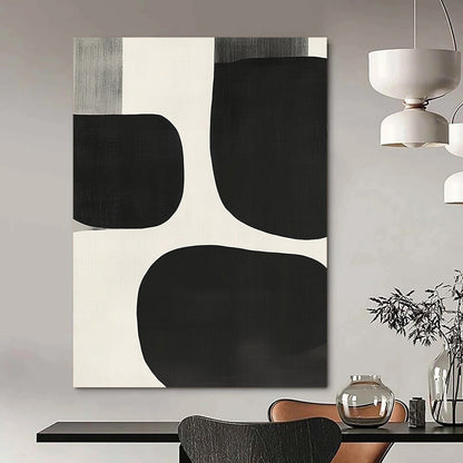 Contemporary hand-painted abstract artwork featuring black and white shapes, overlapping organic forms, soft edges, and a minimalist style inspired by mid-century modern design. DLZ1552