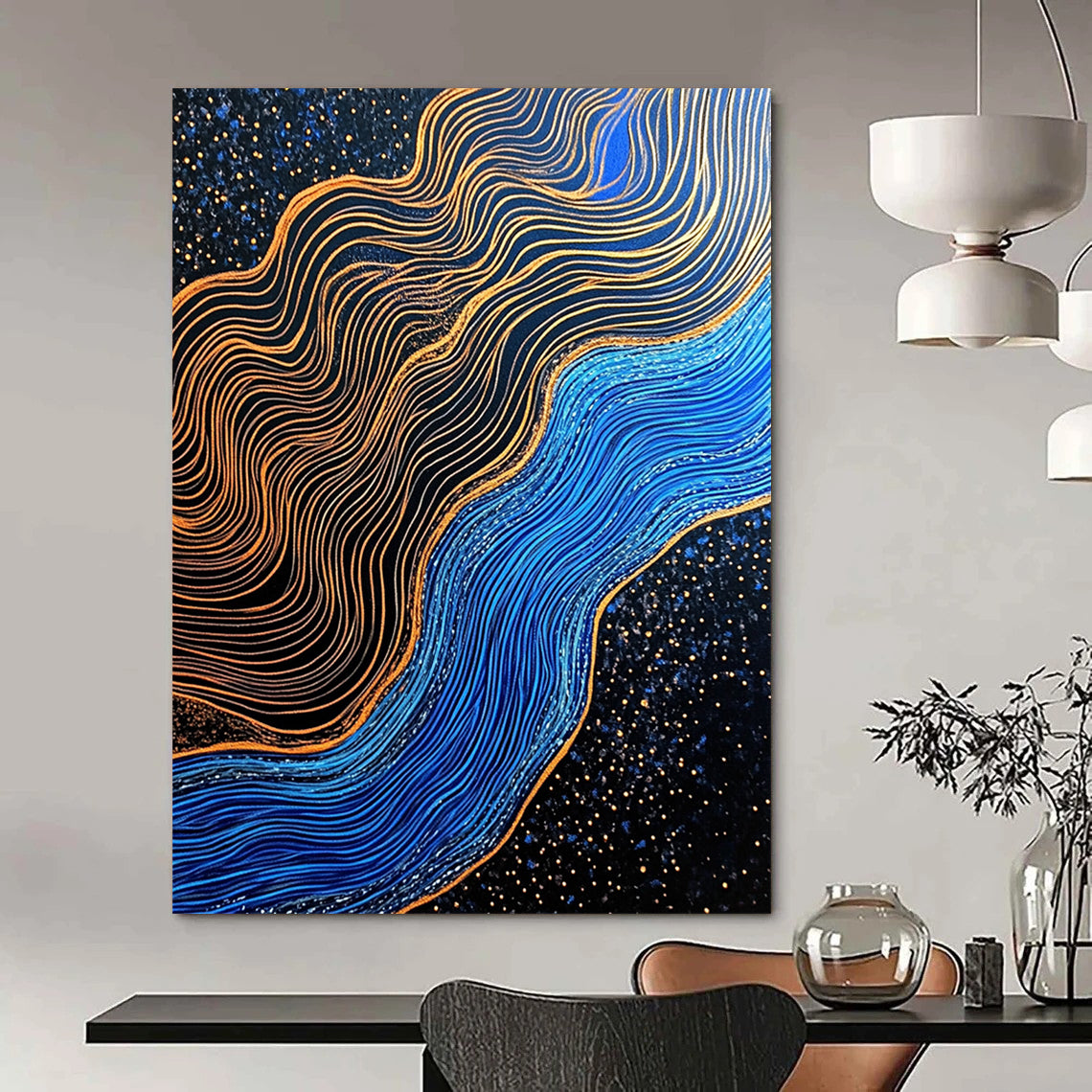 Contemporary hand-painted abstraction featuring blue and gold contrasts with gilded lines over a dark blue river in a black sand desert. DLZ1561