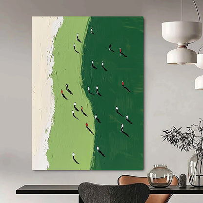 Vibrant contemporary abstract painting showcasing a green and white golf course with tiny figures in motion, perfect for modern art enthusiasts. DLZ0917