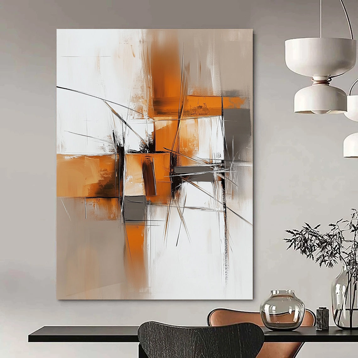 Contemporary hand-painted abstract artwork features light orange and dark gray tones with brush strokes and shapes on a textured white background. DLZ0680