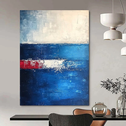 Modern abstract artwork featuring deep blues and dark grays with thick textured brushstrokes creating an atmospheric horizon in a serene minimalist composition. DLZ0365