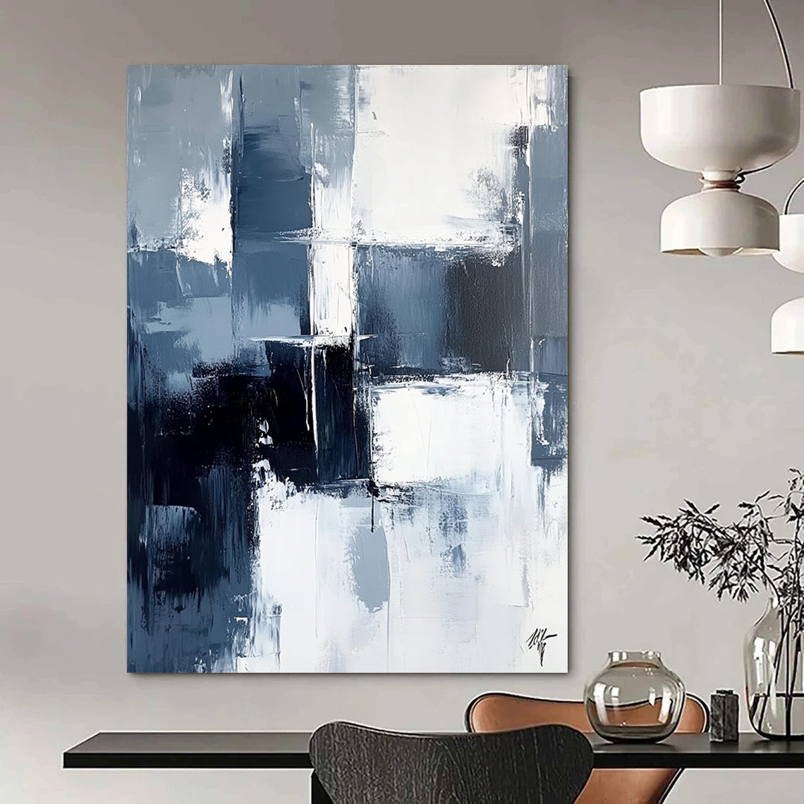 Large contemporary abstract painting featuring dark blue and white brushstrokes on a light gray background evoking calmness and simplicity. DLZ0351