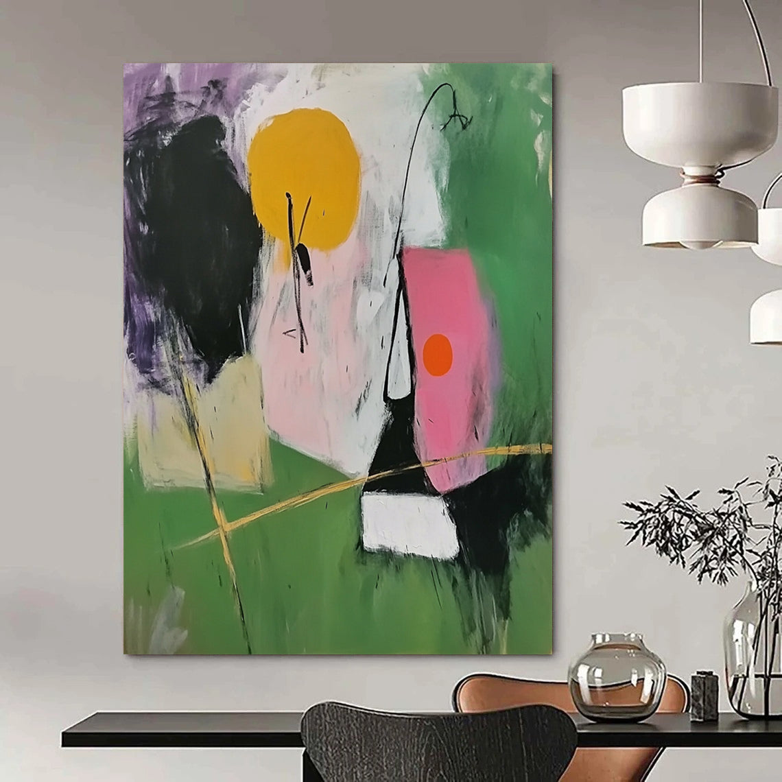 Contemporary abstract painting featuring simple shapes in green and pink with black lines and a central figure holding golden sticks. DLZ0683