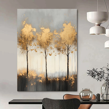 Contemporary abstract painting features misty landscape with light gray and gold tones, delicate tree shapes, and shimmering golden foil accents for a serene ambiance. DLZ1352