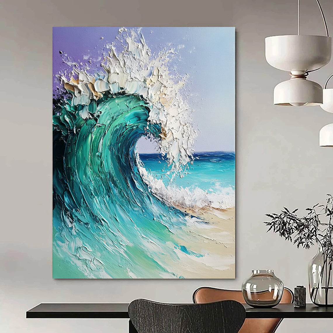 Contemporary hand-painted abstract artwork featuring a dreamy ocean wave in turquoise and blue with textured impasto brushwork on a light purple background. DLZ1095
