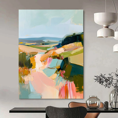 Contemporary abstract oil painting showcasing an Irish landscape with thick brush strokes in muted pastels of teal pink and yellow. DLZ0462