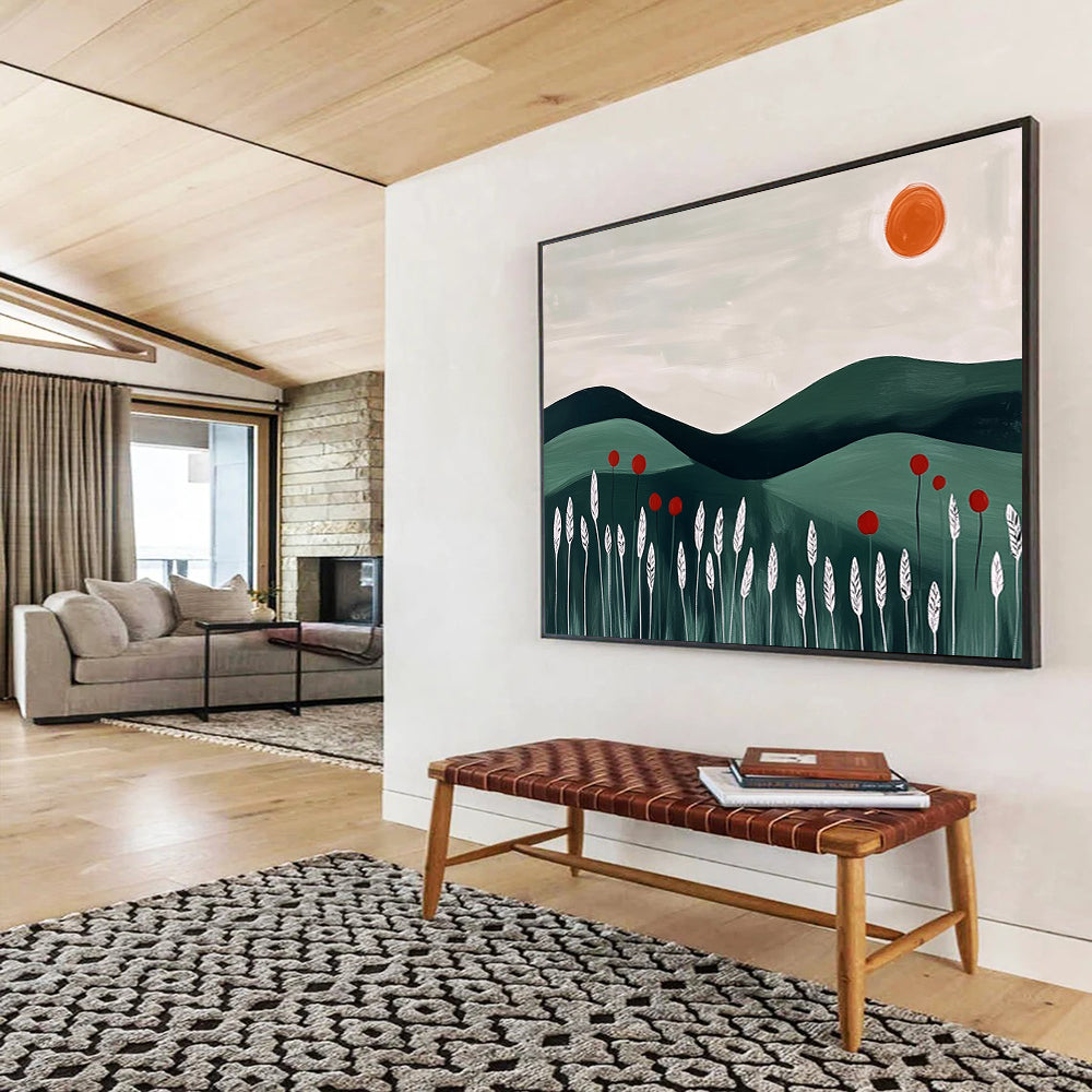 “Minimalist Green Hills” - Blocky green hills, white plants, and an orange sun, Minimalist Landscape Painting On Canvas HB0547