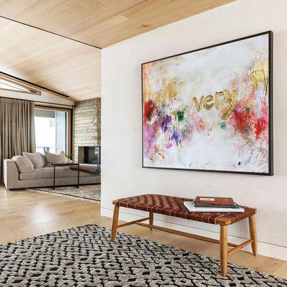 “Colorful ‘Very’ Textured Art” - Gold, Colorful Splashes, “Very” Lettering Painting On Canvas HB0768