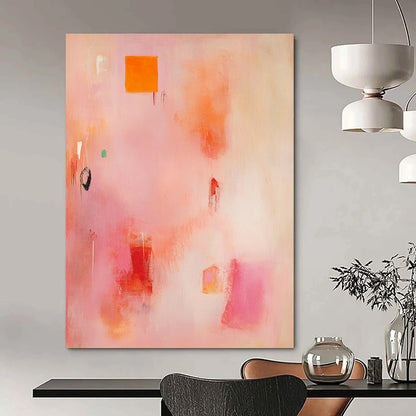 Contemporary hand-painted abstract artwork featuring soft pinks and oranges with organic brush strokes and vibrant yellow and red shapes. DLZ0926