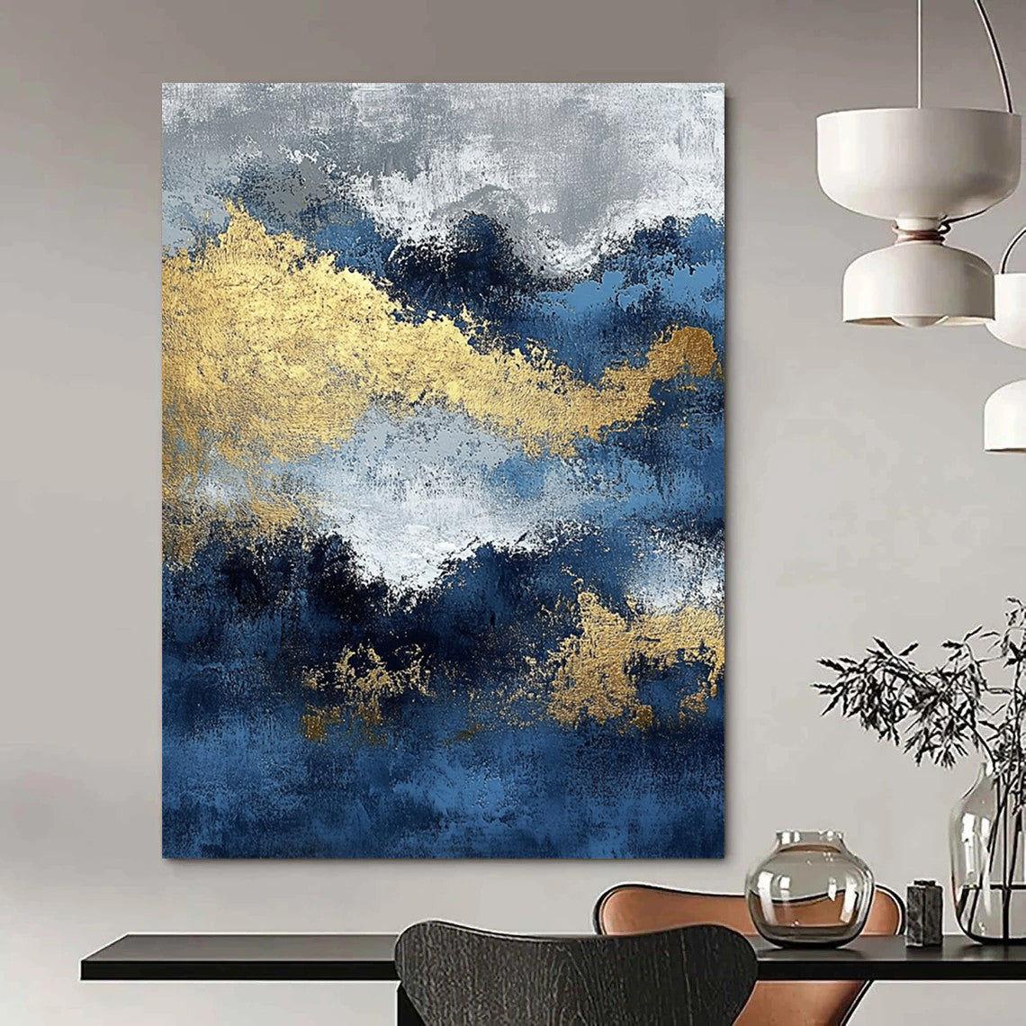 Contemporary abstract painting featuring blue and gold textures with ocean waves and dark silver clouds creating depth and mystery. DLZ0341