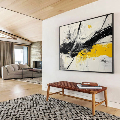 “Dynamic Splashes” - Black, White, Yellow, Abstract Expressionist Painting On Canvas HB1045