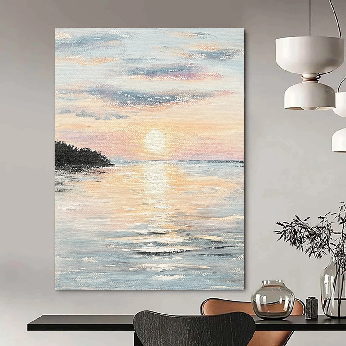 Contemporary hand-painted abstract artwork capturing serene coastal sunset hues reflecting on calm waters, evoking tranquility and peace. DLZ1458