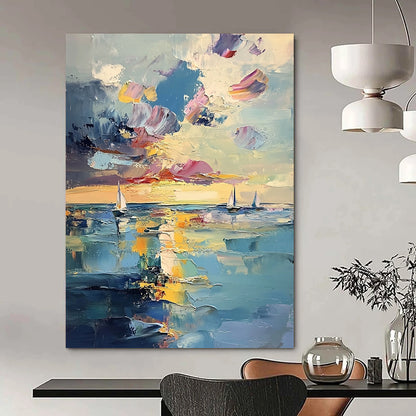Contemporary abstract painting features a serene sea with distant sailboats and ethereal sunlight, showcasing vibrant pastel reflections and visible brushstrokes. DLZ1112