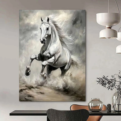 Contemporary hand-painted abstract art featuring a silver horse galloping across vast grassland with exquisite details and vibrant colors illuminated by sunlight. DLZ1660