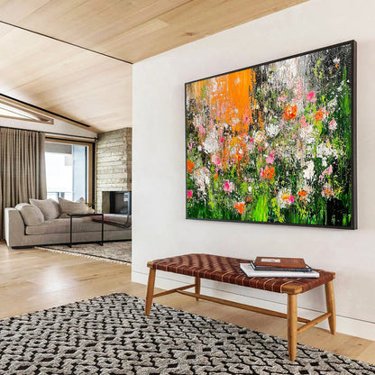 Impasto Flower Field in Orange and Pink – Textured Abstract Acrylic Floral Painting HB1472