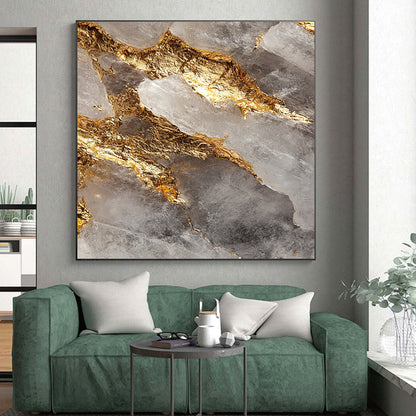 Clear Crystal, Gold Veins, Geometric Shapes "Elegant Fusion" Abstract Geode - Inspired Painting On Canvas HB041