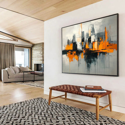 “Urban Geometry in Orange” - Orange, Gray, Black, Abstract Cubist Cityscape Painting On Canvas HB1079