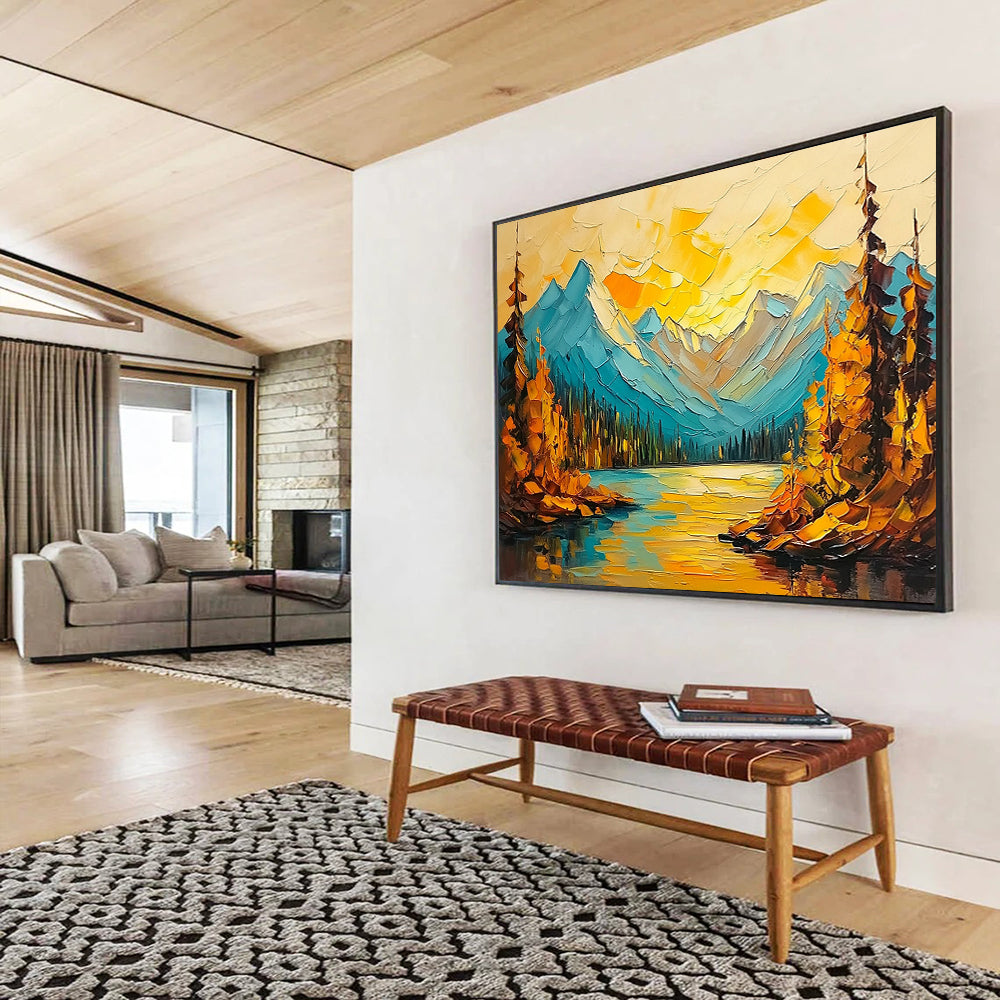 “Colorful Mountain Lake” - Blues, Yellows, Oranges, Mountain Lake with Autumn Trees - Impasto Oil Painting HB1713