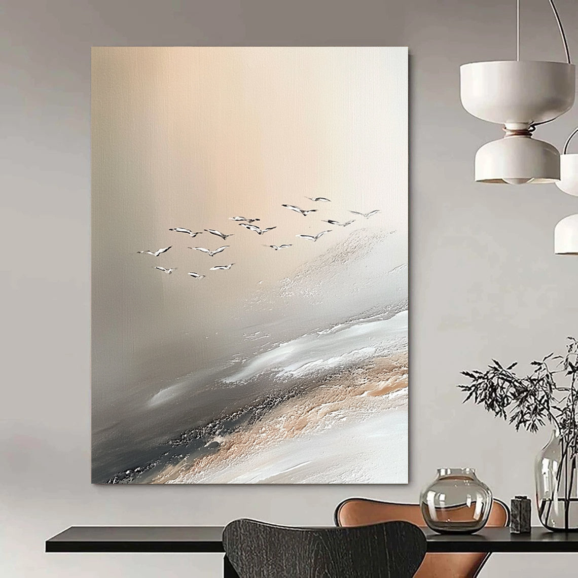 Contemporary abstract painting showcasing Jupiter's serene beauty with soft sand dune-inspired colors and seagulls enhancing the tranquil atmosphere. DLZ1137