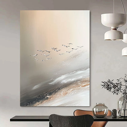 Contemporary abstract painting showcasing Jupiter's serene beauty with soft sand dune-inspired colors and seagulls enhancing the tranquil atmosphere. DLZ1137