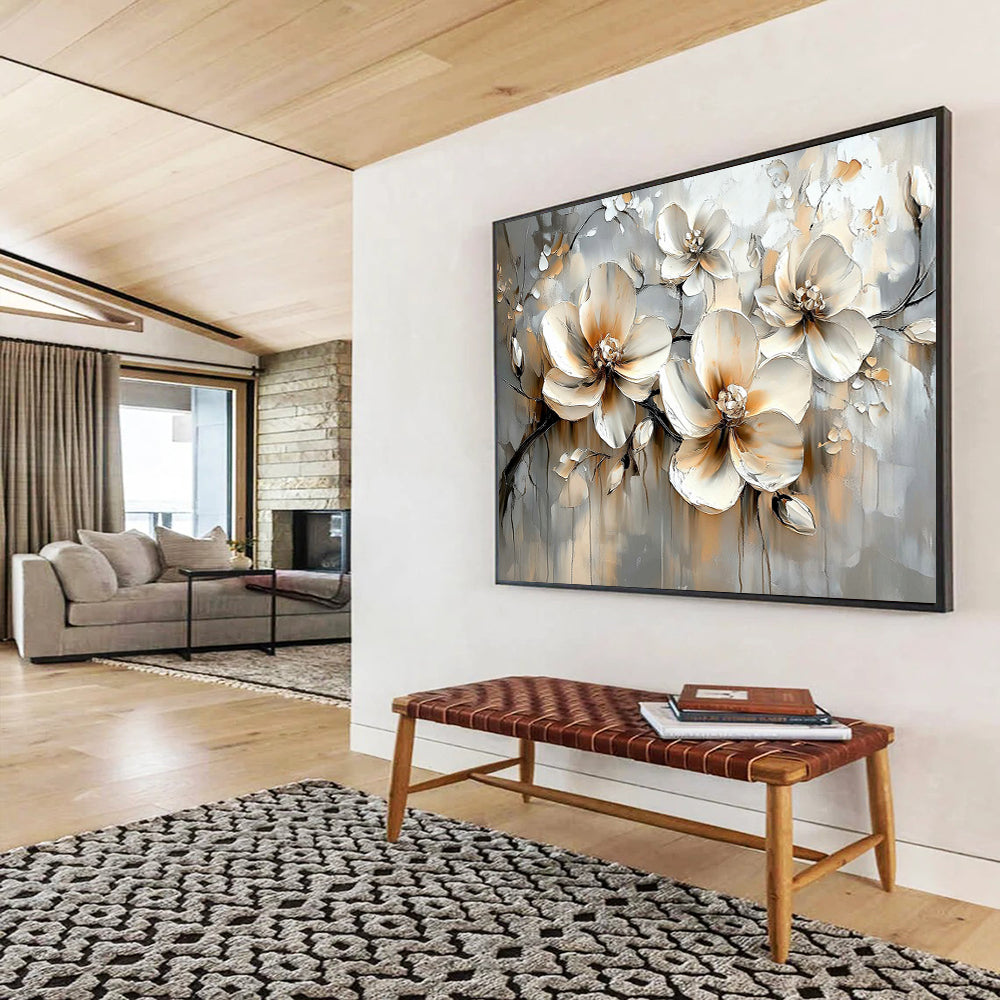 “Beige - Gray Floral Blooms” - Beige, Gray, White, Textured Floral Blooms - Impasto Oil Painting HB1783