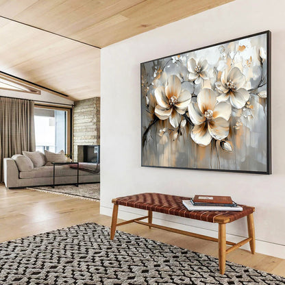 “Beige - Gray Floral Blooms” - Beige, Gray, White, Textured Floral Blooms - Impasto Oil Painting HB1783