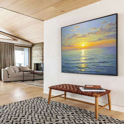 “Sunny Sea Sunset” - Bright Yellows, Oranges, Pinks, Blues, Colorful Ocean Sunset - Oil Painting HB1610