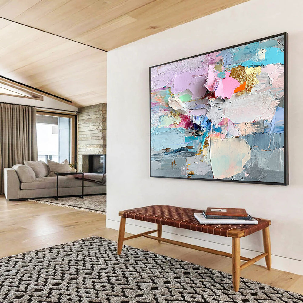 “Colorful Textured Abstract Collage” - Pink, Blue, Gold, Colorful textured abstract shapes - Impasto Oil Painting HB1794