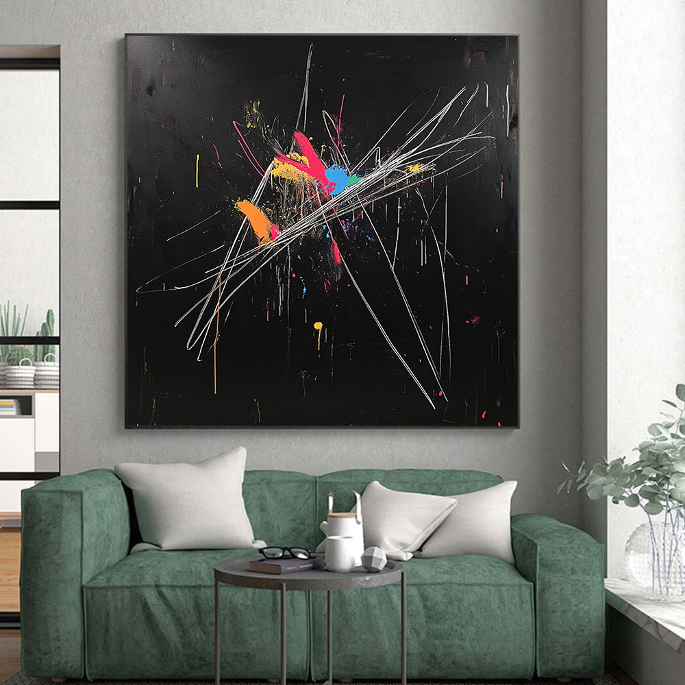 Black, Colorful Blobs, White Strokes "Dynamic Fusion" Abstract Painting On Canvas HB022