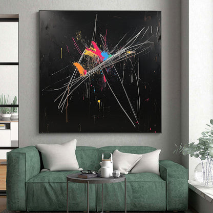 Black, Colorful Blobs, White Strokes "Dynamic Fusion" Abstract Painting On Canvas HB022