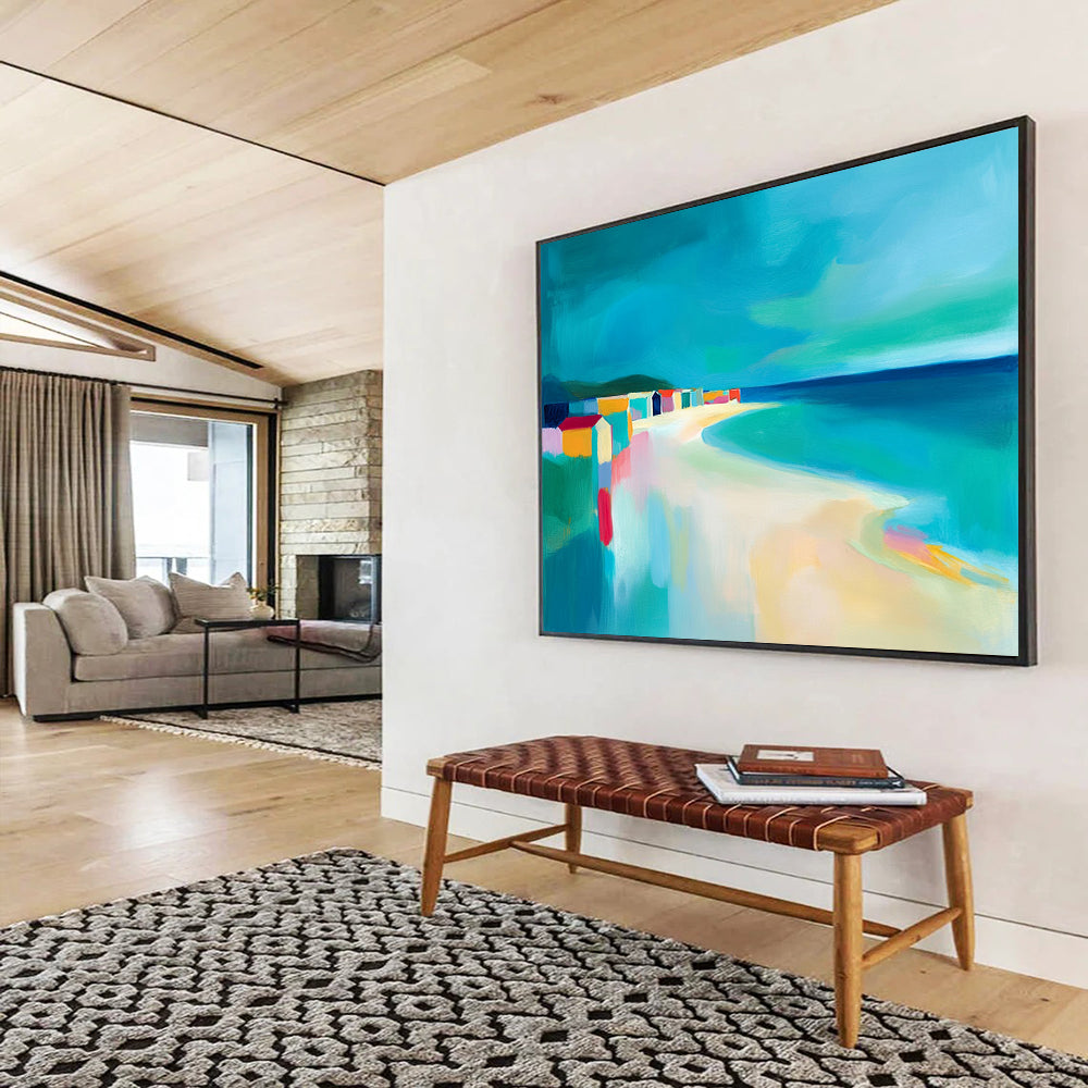 “Colorful Beach Scene with Abstract Houses” - Coastal Abstract Painting On Canvas HB0520