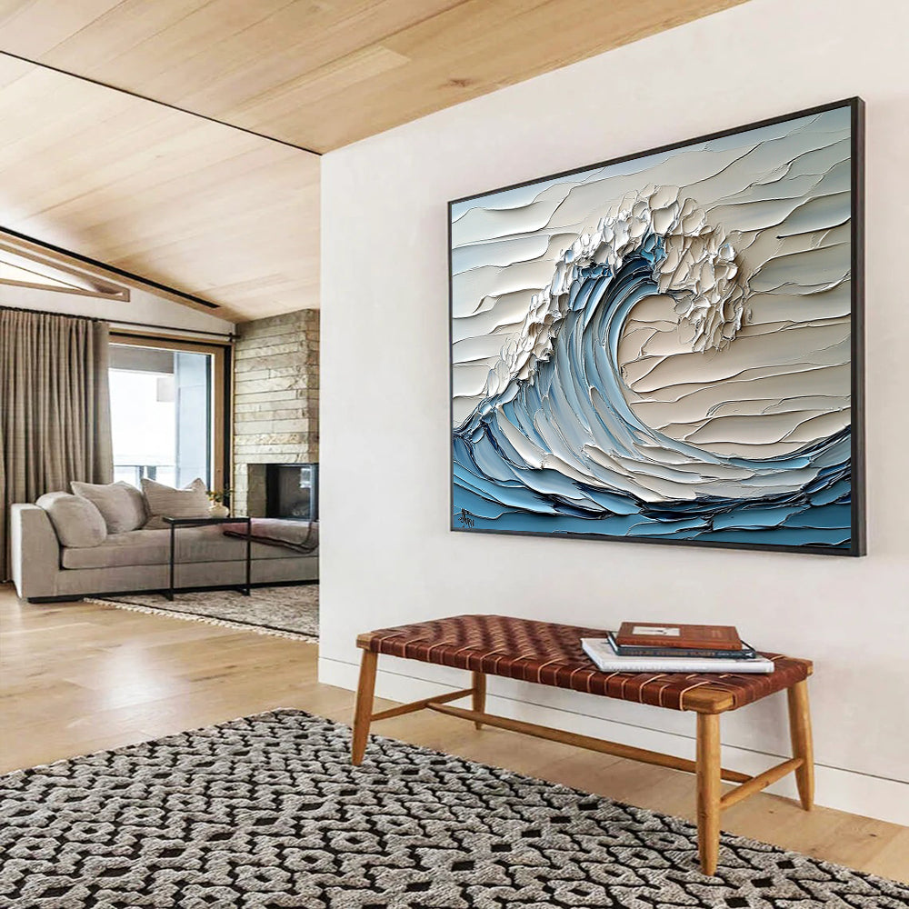 Blue, White and Gray Textured Wave "Sculpted Surf" Painting On Canvas HB0420