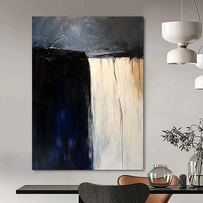 Large contemporary hand-painted abstract artwork featuring a white waterfall against a dark blue sky in a minimalist beige and black palette. DLZ0610