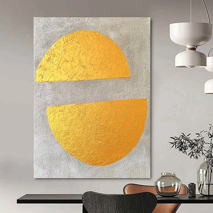 Contemporary abstract art featuring gold leaf on gray concrete with two large flat semicircles, creating a minimalist and striking visual experience. DLZ1579