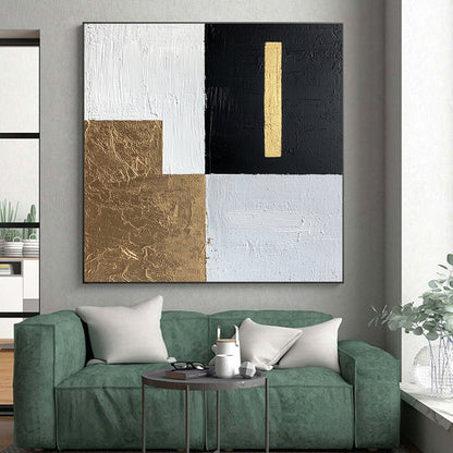 White, Black, Gold, Light Gray with Geometric Blocks "Elegant Division" Abstract Painting On Canvas HB011