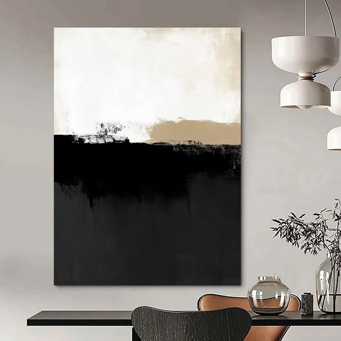 Contemporary abstract art features a minimalist black and white landscape with subtle shapes, showcasing neutral tones and low contrast. DLZ1612