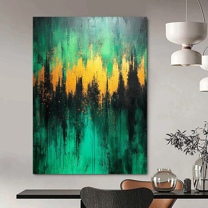 Contemporary abstract artwork featuring a lush green forest with light blue and gold accents on a textured canvas. DLZ0391