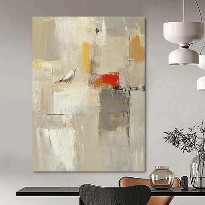 Contemporary hand-painted abstract artwork featuring large white spaces, textured brush strokes, and neutral colors highlighted with red and yellow accents. DLZ0920